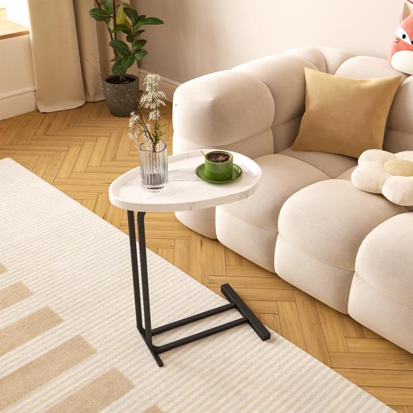 C-Shaped Side Table, C Table End Table for Sofa and Bedside, Couch Side Tables, Wood C-Shaped End Table with Metal Frame Slide for Bedroom Living Room (White)