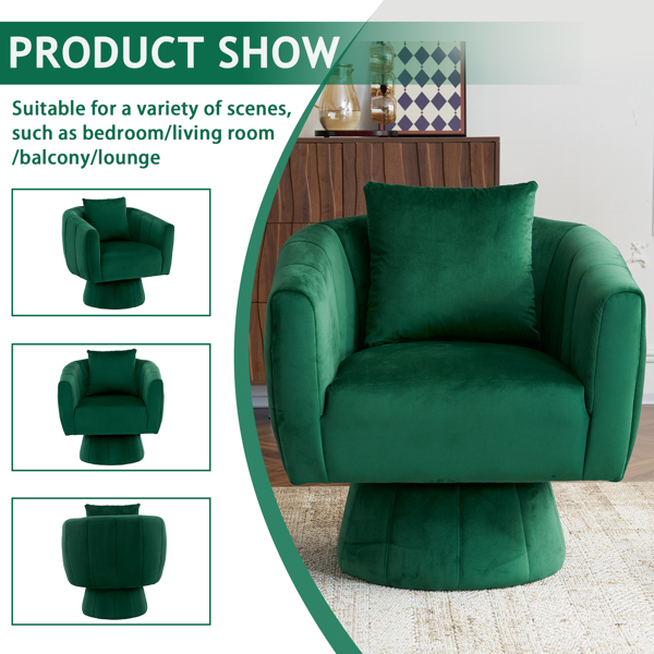 360° Swivel Accent Chair, Modern Velvet Fabric Living Room Armchair with Fluffy Cushions, Comfy Wide Upholstered, Barrel Accent Chairs for Living Room, Bedroom, Lounge, Office Green