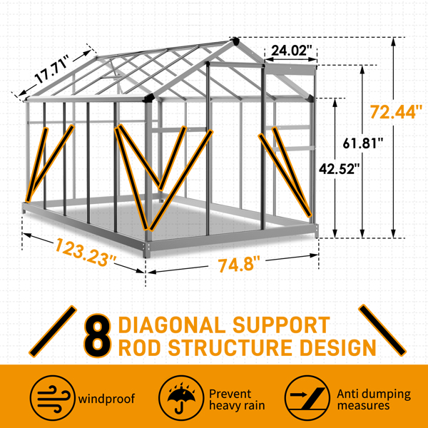 6x10ft Hybrid Polycarbonate Greenhouse Silver