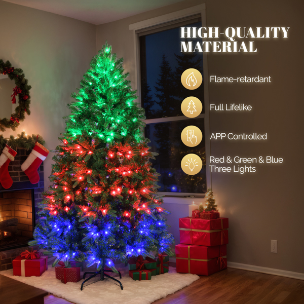 7.5 FT Pre-lit Artificial Christmas Tree, APP Controlled Xmas Tree Hinged Branches with 400 RGB Lights and 2436 Branch Tips, for Holiday Party Store Office Home, Green