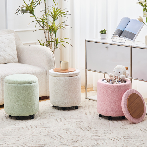 Storage Ottoman Foot Rest Round Footstool Teddy Velvet Footrest Multifunctional Rolling Stool Coffee Table Ottoman with Wheels Vanity Stool for Makeup Room Living Room Bedroom Pink