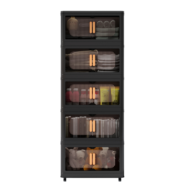 Black,19.69" Side Wide Folding Storage Cabinet ,5 Tiers,19.69"×11.81"×50.00",Collapsible Storage Bins with Magnetic Door, Plastic Storage Cabinet with Wheels