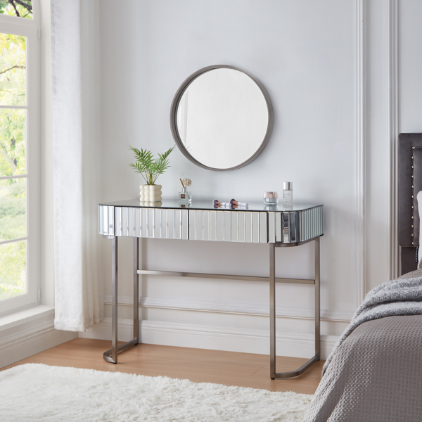 39" Mirrored Makeup Vanity Table with Stainless Steel Base, Mirrored Console Dressing Table with 2 Drawers,Versatile Desk for Bedroom and Office, Silver