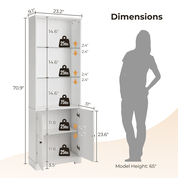 FCH 3-layer glass shelf with 2 doors double Z shape LED light strip front curved base feet triammine board 60*23.5*180cm display cabinet white