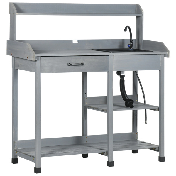 Gray Potting Bench Table, Outdoor Garden Table with Removable Sink and Faucet 