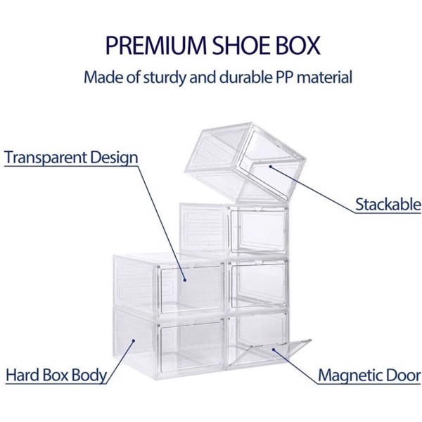 6 Pack Transparent Shoe Storage Boxes Hard Plastic Stackable Shoe Box Organiser