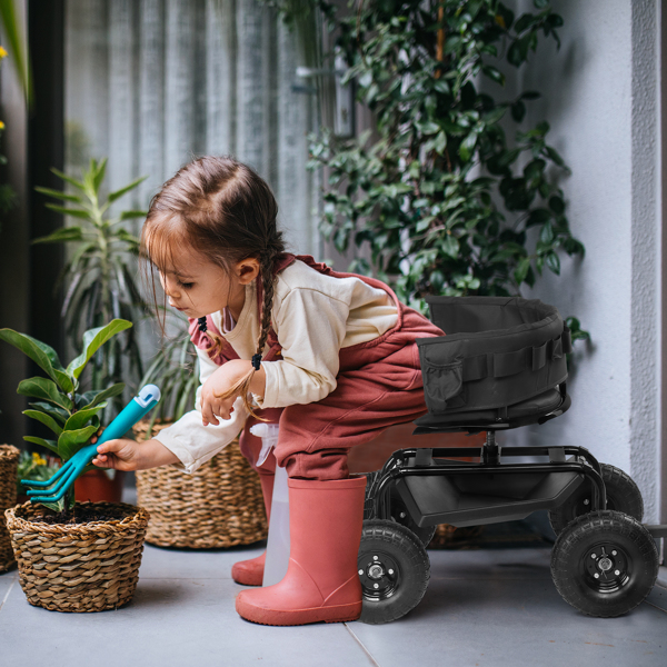 Rolling Garden Cart with Cushioned Backrest & Seat, Outdoor Gardening Stool for Planting, Garden Scooter with 360 Degree Swivel Seat & Steering Handle & Tool Tray, Black