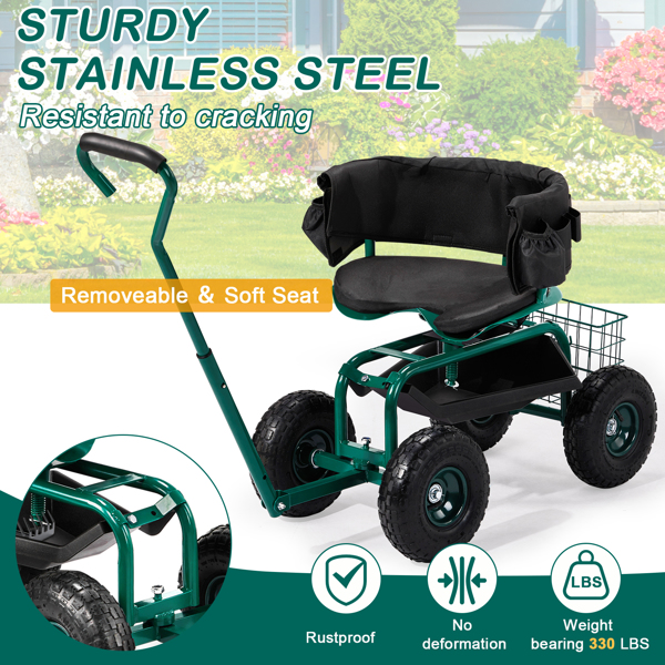 Rolling Garden Cart with Cushioned Backrest & Seat, Outdoor Gardening Stool for Planting, Garden Scooter with 360 Degree Swivel Seat & Steering Handle & Tool Tray, Green