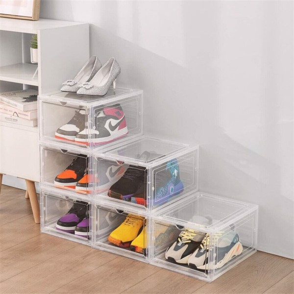 6 Pack Transparent Shoe Storage Boxes Hard Plastic Stackable Shoe Box Organiser