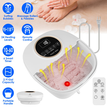 Collapsible Foot Spa Massager Electric Foldable Foot Soaker Tub with Remote Control Handle Surfing Bubbles 24 Heating Levels 6 Timer 6 Massage Rollers 48 Simulated Pebbles Pill Box 