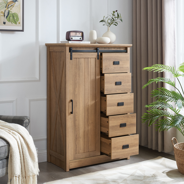 5 Drawers Dresser w/Sliding Barn Door, Farmhouse Modern Tall Dresser 5 Chest of Drawers, Storage Organizer Dresser for Bedroom, Hallway, Living Room, Kids Room OAK