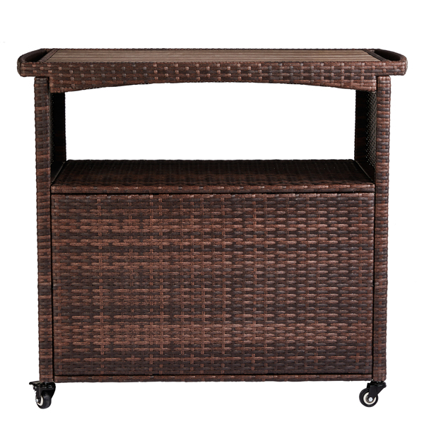 Outdoor Bar Cart with Storage Cabinet, Patio Wicker Sideboard Buffet Cabinet Prep Table, Outside Kitchen Serving Cart with Rolling Wheels & Handles, Brown