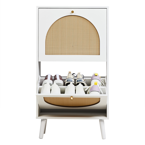 FCH 2 dump buckets with high feet round rattan shoe cabinet particle board + plastic rattan 54*24*98cm white frame + original wood rattan surface + gold high feet