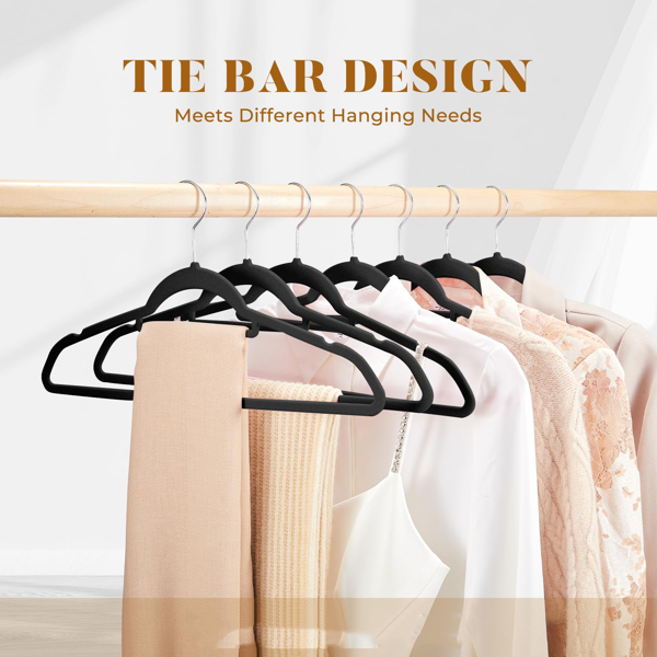 Velvet Hangers - 60PCS Black Space-saving & Non-slip. with Tie Bar and Shoulder Notch. Highly Durable for Suits, Coats, Shirts, Pants and Dresses. Slim Design with 360° Swivel Hook. 