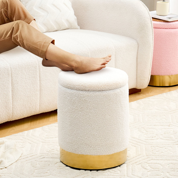 Teddy Velvet Storage Ottoman Multipurpose Footrest Stool with Metal Base Modern Round Vanity Stool Chair Ottoman Foot Stools Support 300lbs Padded Seat for Living Room & Bedroom White