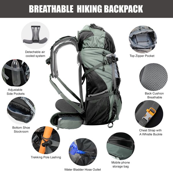  60L Outdoor hiking backpack with internal frame, including rain cover, grey （Amazon Shipping）（Prohibited by WalMart）（No shipment on weekends）