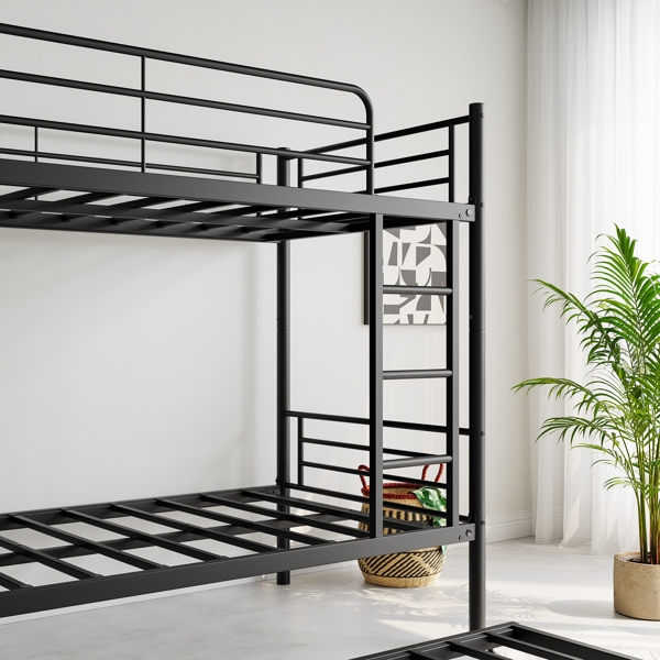 Twin Bunk Bed with Trundle Metal Bunkbeds with Ladder and Full-Length Guardrail, Noise Free, No Box Spring Needed, Black