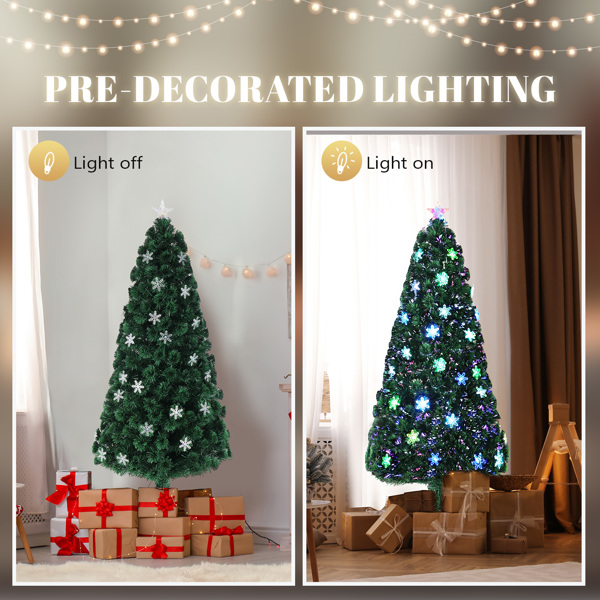 6ft Top With Star PVC Material Fiber Optic 36 Lights With Snow Flakes Colorful Discoloration 230 Branches Christmas Tree Green