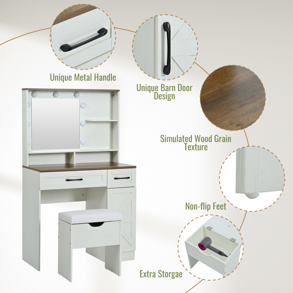 农舍化妆梳妆台，带镜子和灯，3 种照明模式，梳妆台套装带凳子，梳妆台带可调节搁板，2 个抽屉和卧室侧柜，白色-4