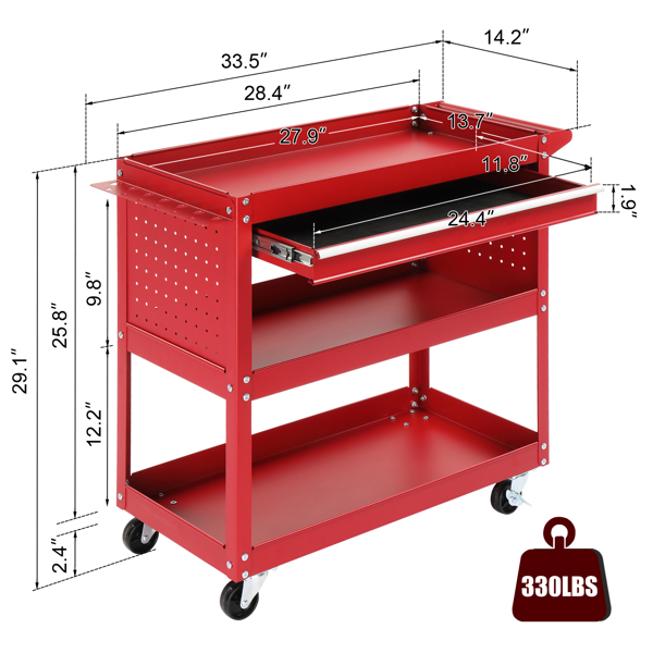 3-Tier Rolling Tool Cart, Metal Heavy Duty Utility Cart on Wheels with Pegboard & Drawer & 4 Hooks, 330 lb Load Large Storage Capability Tool Cart for Garage Warehouse Repair Shop, Red