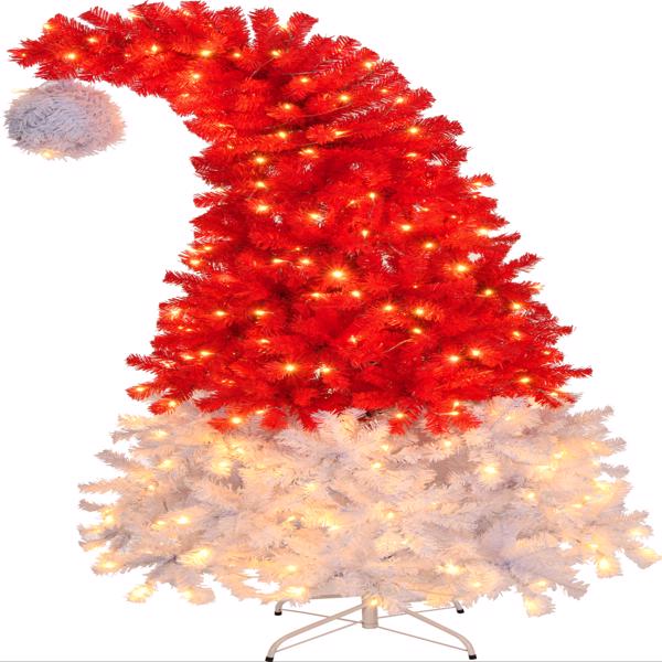 6 FT Santa Hat Style Pre-lit Christmas Tree, Hinged Artificial Xmas Tree Pine Tree with 300 Lights, 1050 Branch Tips and Remote Control for Holiday Party Store Office Home, Red & White  S001