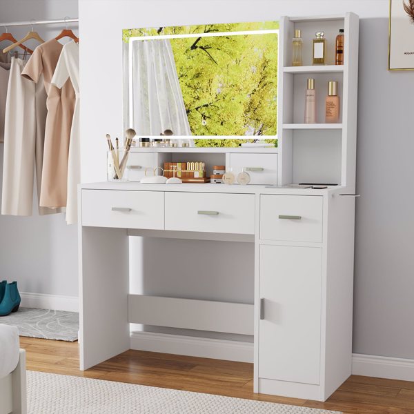 Desk With Mirror And Lights, White Makeup Vanity With Adjustable LED Mirror, Small Vanity Table With Charging Station & Storage