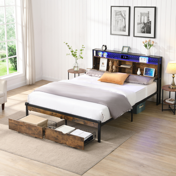 King Size Metal Platform Bed Frame with Wooden Headboard and with Footboard USB,Charging Station,2 Drawers,storage, LED Lights, No Box Spring Needed, Easy Assemble