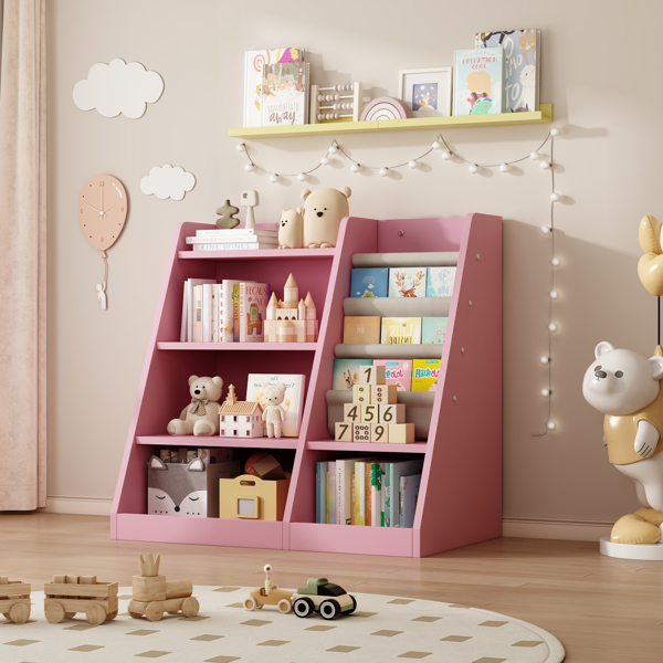 Pink Wooden Toy Storage Organizer Cabinet Kids Bookshelf  Children Bookcase Toddler Baby Sling Book Rack Adjustable Shelf for Playroom Bedroom Nursery Hallway School Kindergarten Living Room