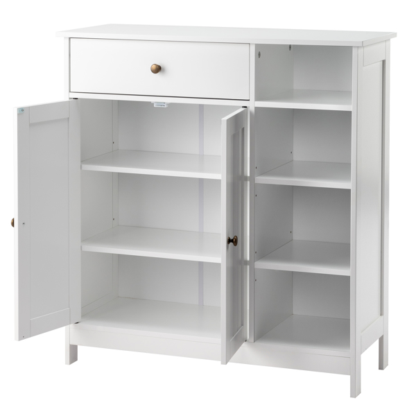 Double-Door Bathroom Cabinet with 2, Adjustable Panels, 1 Drawer and 3 Side Shelves, White 