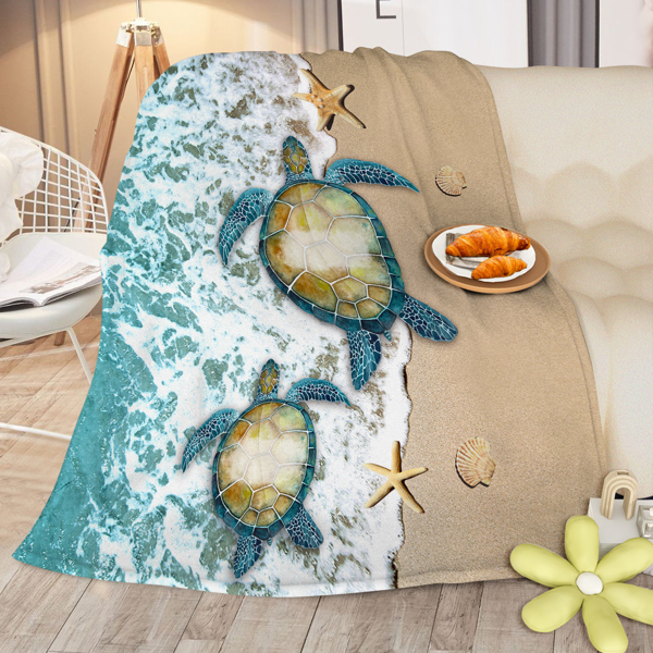 Sea Turtle Flannel Blanket Modern Coastal Ocean Beach Swirls Throw Blanket for Bed Sofa Couch Super Soft Lightweight Blue Ocean Animal Blanket 75*100cm