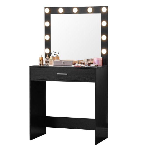 Vanity Desk with Mirror and Lights, Dressing Table with Large Drawer, 1 Level Storage Dresser & 3 Lighting Modes Adjustable Brightness, Suitable for Bedroom(Black)