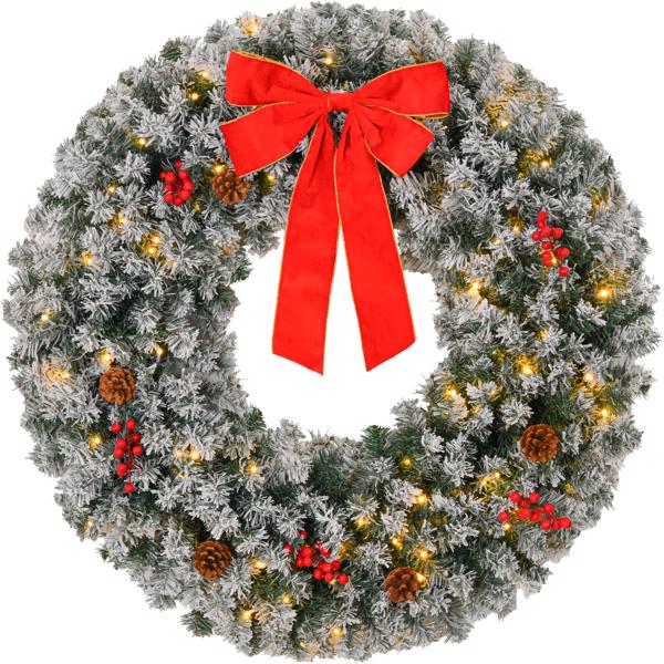 24in Pre-lit Battery Powered Christmas Wreath with Remote, Lighted Snow Flocked Artificial Xmas Wreath with 50 Warm Lights and 180 PVC Tips and Ornaments, for Front Door Gate Wall Party Deco