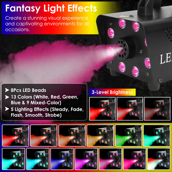 500W Fog Machine 2000CFM Colorful Smoke Machine with 8Pcs LEDs 5 Lighting Effects 3-Level Brightness