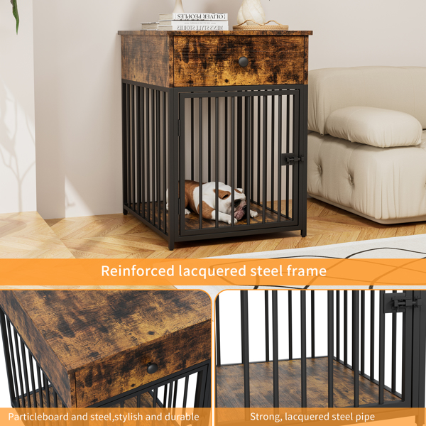 Dog Crate Furniture, Dog House, Decorative Dog Kennel with Drawer, Indoor Pet Crate End Table for Small Dog, Iron-Tube Dog Cage, Chew-Proof