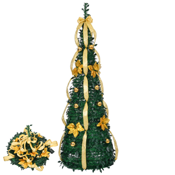 7 FT Fully Decorated Pre-lit Christmas Tree, Pop Up Artificial Xmas Tree with 100 Warm Lights Battery Operated and Golden & Silver Ornaments for Home Office Store Holiday Deco