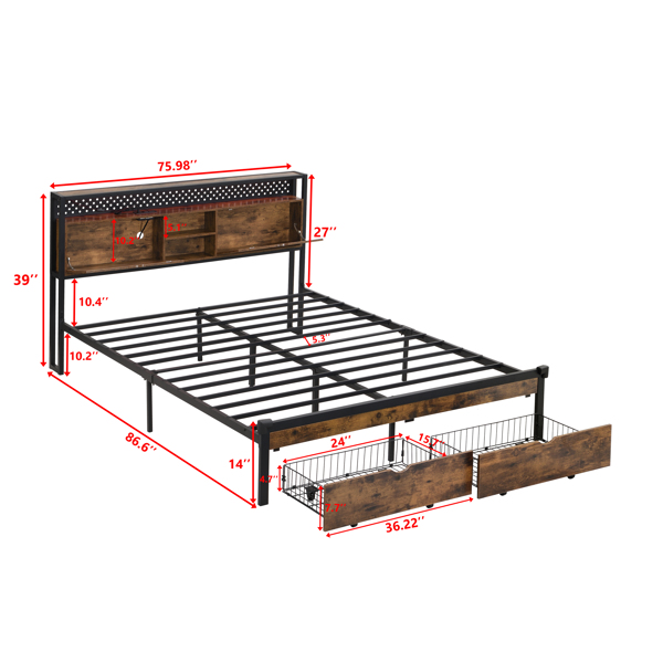 King Size Metal Platform Bed Frame with Wooden Headboard and with Footboard USB,Charging Station,2 Drawers,storage, LED Lights, No Box Spring Needed, Easy Assemble