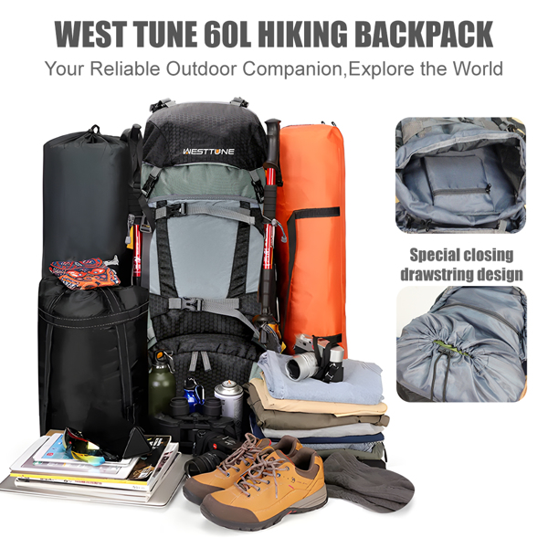 60L Outdoor hiking backpack with internal frame, including rain cover, cyan （Amazon Shipping）（Prohibited by WalMart）（No shipment on weekends）