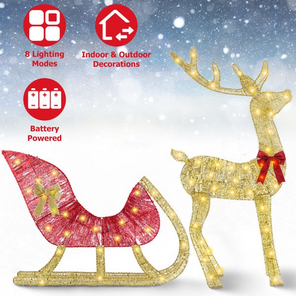 Lighted Christmas Reindeer & Sleigh Indoor Outdoor Christmas Decoration Christmas Lighted Display with 8 Lighting Modes