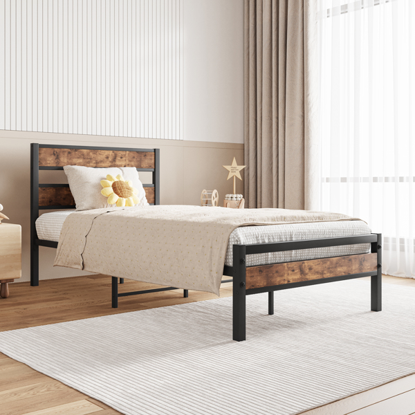 Twin Size Platform Bed Frame with Rustic Vintage Wood Headboard, Strong Metal Slats Support, No Box Spring Needed