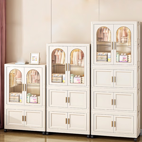 25.59" Side Wide Folding Wardrobe , 25.59"×15.75"×70.87 ", with Magnetic Door, Plastic Storage Cabinet with Wheels(One layer of wardrobe + Three  layers of folding boxes+10 hangers )