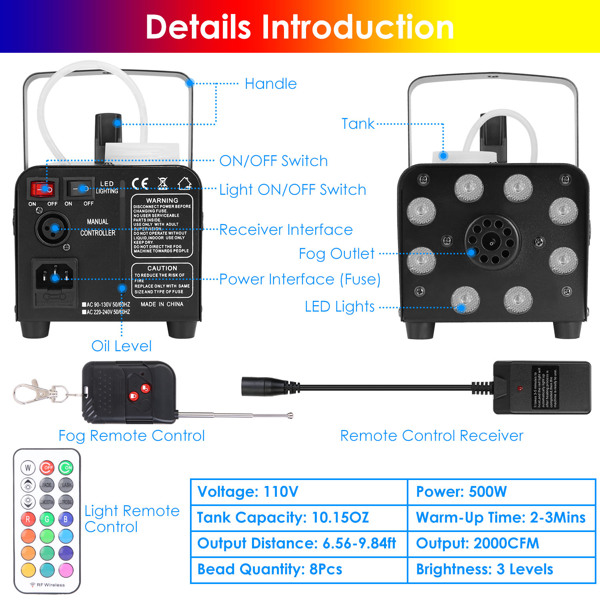 500W Fog Machine 2000CFM Colorful Smoke Machine with 8Pcs LEDs 5 Lighting Effects 3-Level Brightness