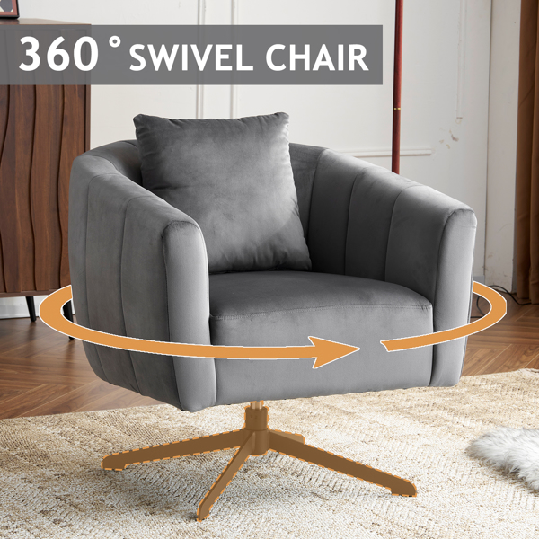 360° Swivel Accent Chair, Modern Velvet Fabric Living Room Armchair, Comfy Wide Upholstered with Fluffy Cushion and Metal Legs, Barrel Chairs for Living Room, Lounge, Office Gray