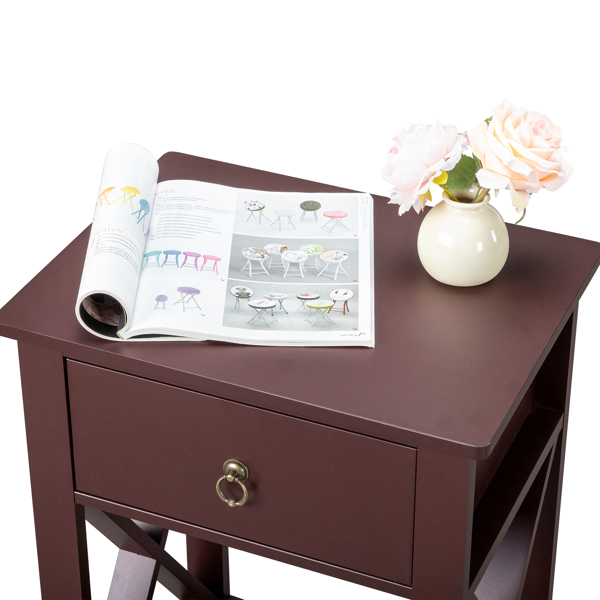 Side Intersection Style Bedside Table Coffee Table with Two-layer Drawer Brown