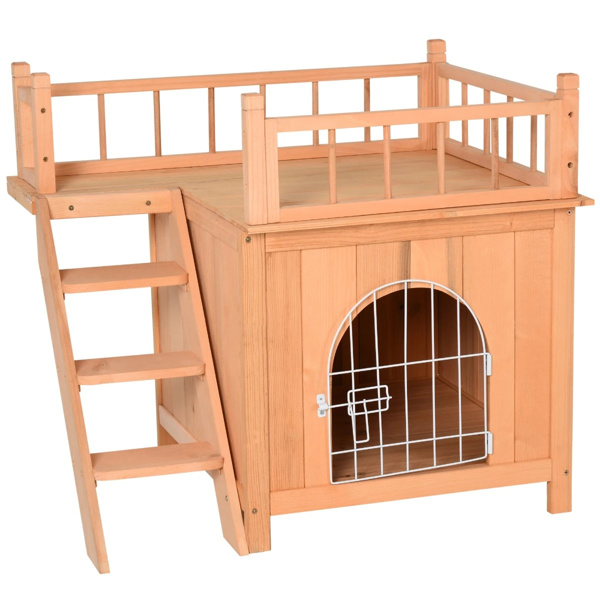  Natural Wood 2-Level Wooden Cat House with Lockable Wire Door