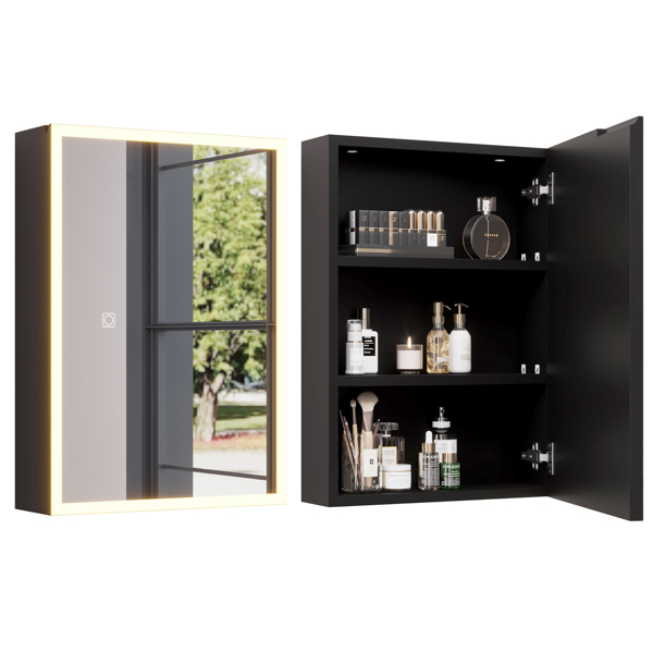 FCH Black Particleboard Acrylic Frame 71*50.8*15cm 1 Door 2 Shelves LED Mirror Cabinet Three Color Tones Adjustable Brightness Power-off Memory Universal for Left and Right Doors