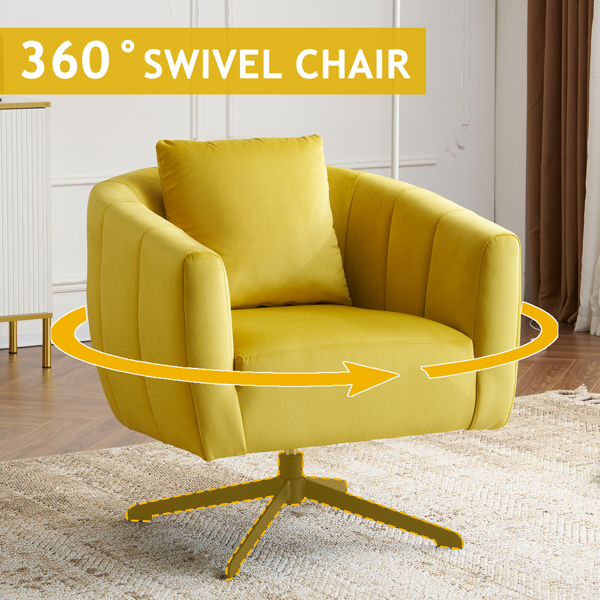 360° Swivel Accent Chair, Modern Velvet Fabric Living Room Armchair, Comfy Wide Upholstered with Fluffy Cushion and Metal Legs, Barrel Chairs for Living Room, Lounge, Office Yellow