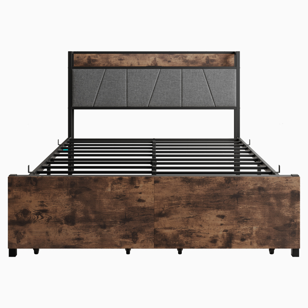 Full Size Bed Frame, Storage Headboard with Charging Station and 2 Storage Drawers,Vintage Brown and Gray