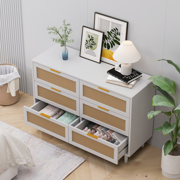 43.31"6-Drawers Rattan Storage Cabinet Rattan Drawer,for Bedroom,Living Room,White