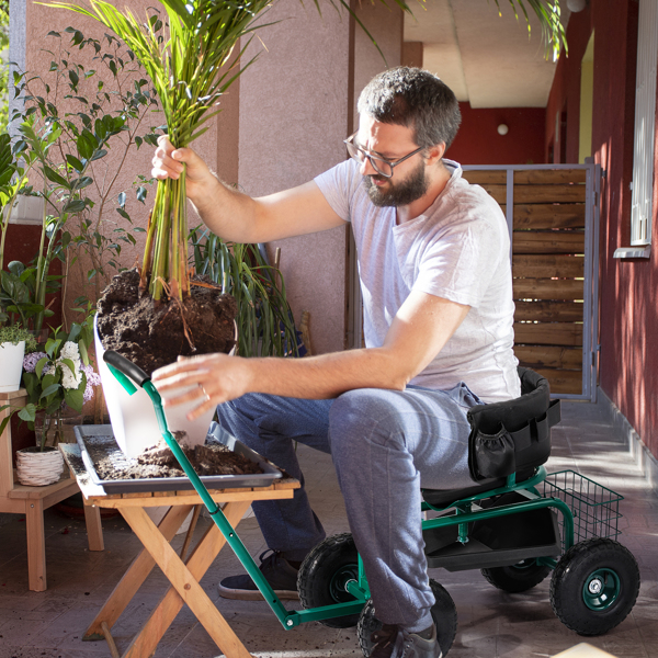 Rolling Garden Cart with Cushioned Backrest & Seat, Outdoor Gardening Stool for Planting, Garden Scooter with 360 Degree Swivel Seat & Steering Handle & Tool Tray, Green