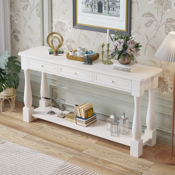 Console Table for Entryway Wood Sofa Table with Storage Drawers and Bottom Shelf for Hallway Living Room White Color